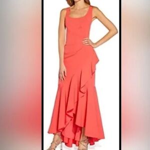 NWT Adrianna Papell Coral Luna Crepe Elegant Ruffled Gown Dress Size 10